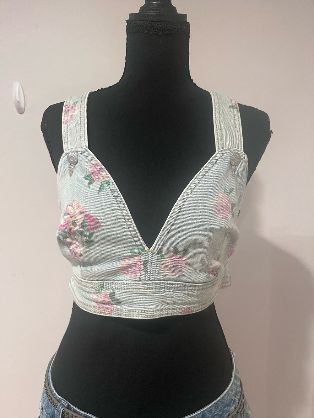 Light Blue Denim Crop Top with Pink Flowers